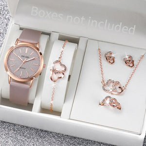 6pcs/set Women Leather Band Quartz Watch and Lover